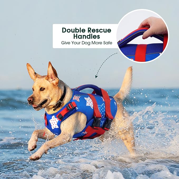 Kuoser Dog Life Jacket High Flotation, American Flag Dogs Life Vest for Swimming Boating, 4th of July Dog Lifejacket with Reflective & Rescue Handle, Adjustable Doggy Life Preserver for Small Dogs, XS