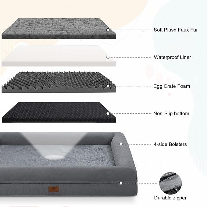 Orthopedic Dog Beds for Large Dogs, Big Waterproof Dog Bed with Removable Bolster, Nonskid Bottom and Egg Crate Foam Pet Mat, Large Pet Bed with Washable Removable Cover, Grey
