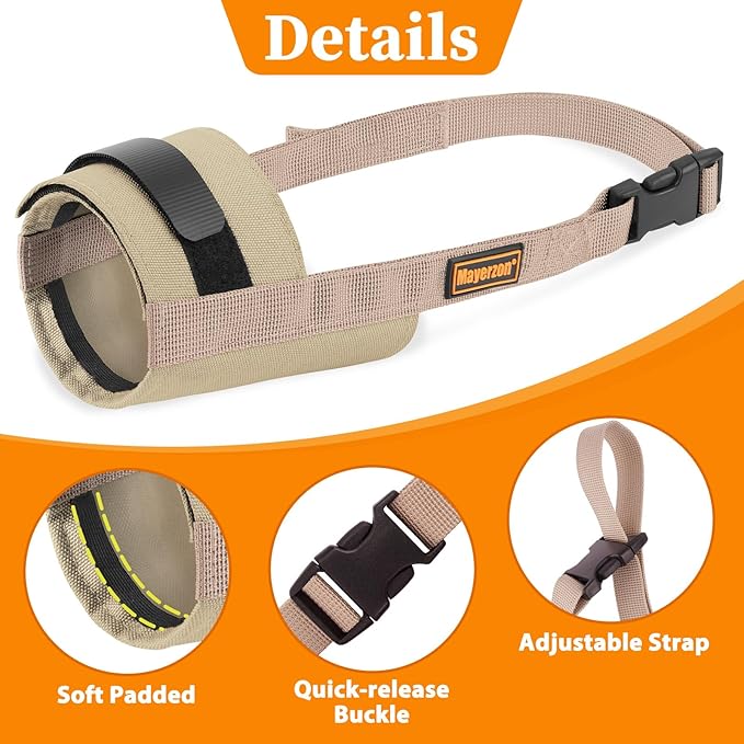 Mayerzon Dog Muzzle for Large Medium Small Dogs, Adjustable Fit, Soft & Sturdy Fabric, Prevents Fierce Barking Biting Chewing, Ideal for Grooming Walking Vet Visits, Allows to Pant Drink (Khaki, XL)