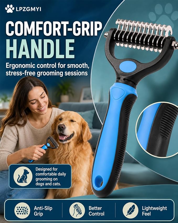 Pro Pet Grooming Tool, Undercoat Rake for Dogs Deshedding Brush Double Sided Cat Brushes Long Hair Dematting Comb Professional Extra-Wide Stainless Steel Teeth Supplies for Matted Fur on Cats (Blue)