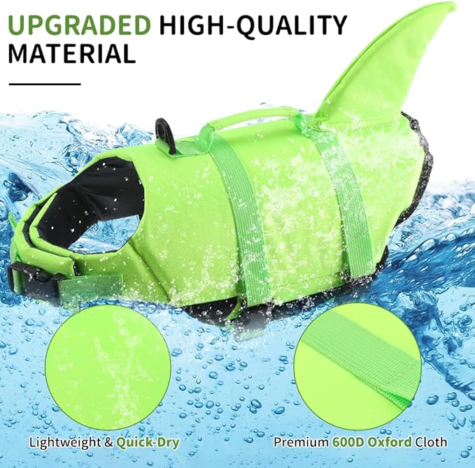 EMUST Shark Life Jackets for Dogs, Adjustable Ripstop Dog Life Vest for Water Safety pet Life Vest with Rescue Handle Safety Vest for Swimming Pool Beach Boating, (L,SolidGreen)