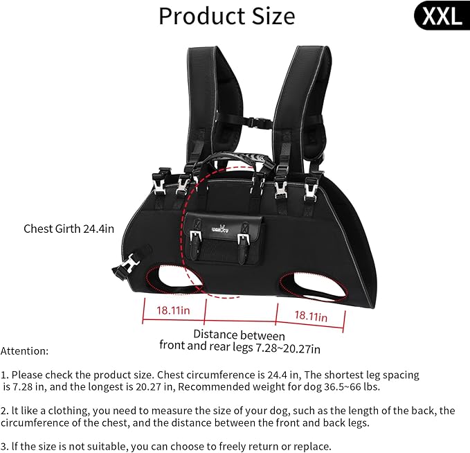 Wakytu Dog Backpack Carrier for Dogs,Dog Lift Harness,Adjustable Padded Breathable Straps for Dogs, Disabled, Joint Injuries, Arthritis,XXL