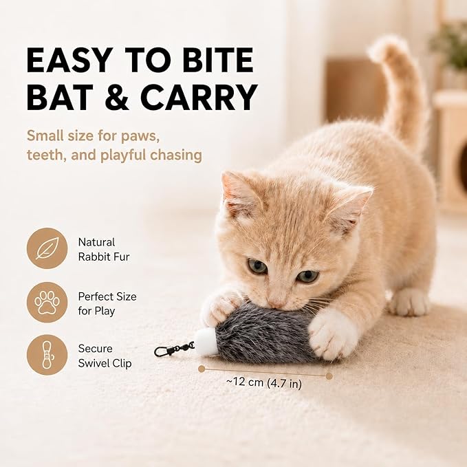 Natural Rabbit Fur Cat Toys Refills, 2 Pcs Silent Interactive Cat Wand Attachments for Indoor Cats, Handmade Fluffy Kitten Teaser Replacement Accessories (Grey)