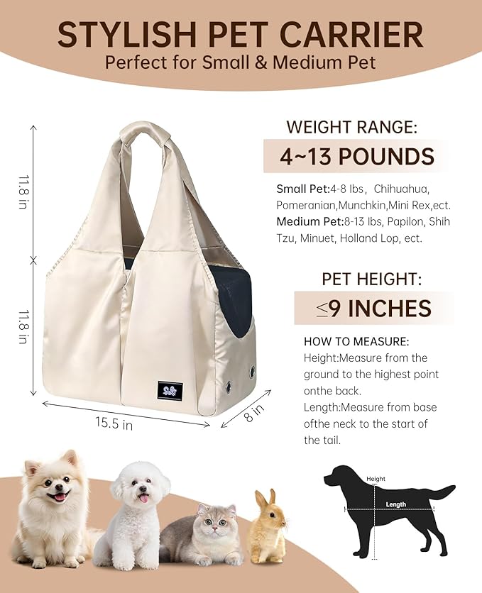 Dog Purse Carrier for Small Dogs Cats & Puppies, Soft-Sided Collapsible Pet Bag with 4 Large Pockets & Support Cushion, Breathable Lightweight Travel Carrier Fits Pets up to 13 lbs, Beige