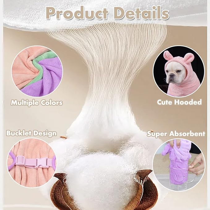 Dog Bathrobe, Microfiber Fast Drying Absorbent Hooded Bath Towel for Puppy Small Medium Large Dog Cat(Purple,L)