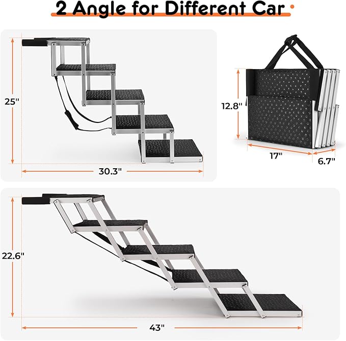 Car Ramp for Dogs – Adjustable Foldable Dog Ramp for Cars, Trucks & SUVs | Non-Slip Rug Surface, Supports Small/Large Dogs Up to 250 lbs | 5-Step