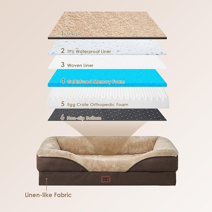 EHEYCIGA Orthopedic Dog Bed for Large Sized Dog, 41x27 Inch Large Memory Foam Dog Couch Bed with Sides, Waterproof Liner & Washable Removable Cover, Bolster Pet Sofa, Brown