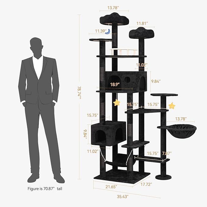 Meecal 79inch Giant Cat Tree for Heavy Duty Big Cats, Multi-Level Luxury Cat Tower with Scratching Post, Cat Condo with Hammocks & Plush Perches for Indoor Cats Large Adult, Black