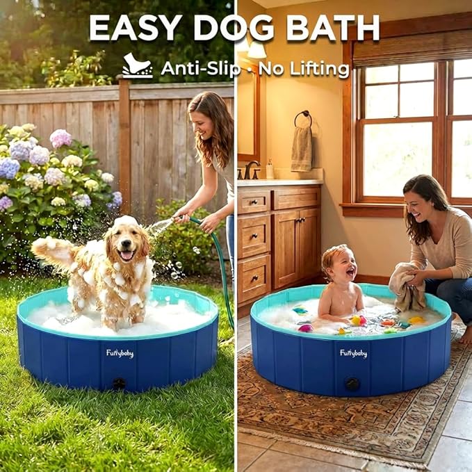 Furrybaby Foldable Dog Pool, Small Dog Swimming Pool for Dogs, Collapsible Hard Plastic Doggie Pool, Portable Bath Tub for Pets Dogs and Cats, Navy 32''