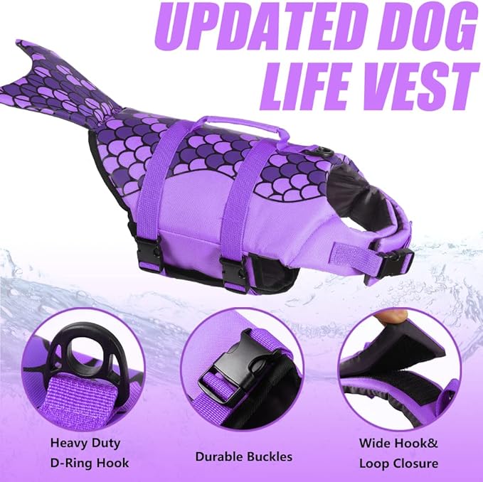 EMUST Dog Life Vests, Dog Life Preserver for Swimming, Boat, Pool, Ripstop Pet Water Vest with High Buoyancy and Lift Handle for Small and Medium Breeds, PurpleMermaid, M