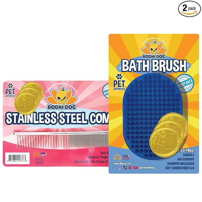 Bodhi Dog Stainless Steel Comb & Shampoo Brush - Bath & Shower Supplies for Dogs & Cats - Removes Shedding, Mats & Tangles - Pet Grooming Scrubber Bundle (Blue)