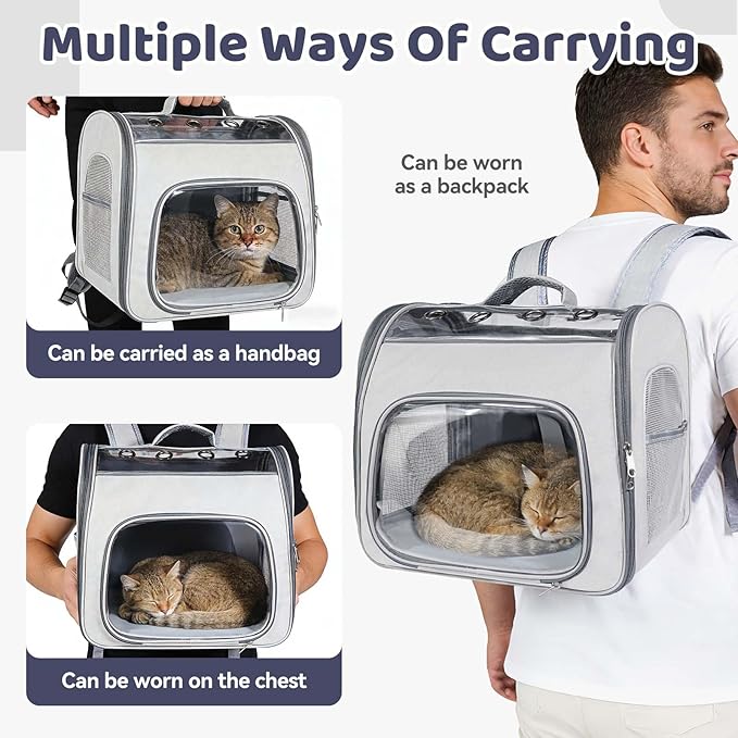 Cat Soft-Sided Carrier Backpack, Breathable Mesh Foldable Pet Travel Carrier with Reinforced Support, Portable Puppy Carrying for Kitty Up to 15lbs (Grey)