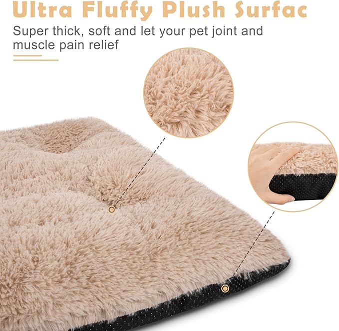 JOEJOY Dog Bed Crate Pad, Deluxe Plush Washable Dog Beds Fulffy Soft Kennel Pad Anti-Slip Pet Sleeping Mat for Small Dogs，23" x 18", Beige