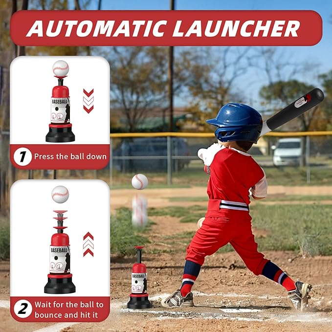 Wee Wonders 3-in-1 T Ball Set - Adjustable Height, Hanging Tee Ball Set with Automatic Pitching Machine/6 Balls/Retractable Bat, TBall Stand Suit for Outdoor, Sport Toys Gifts for Kids Boys Age 3+