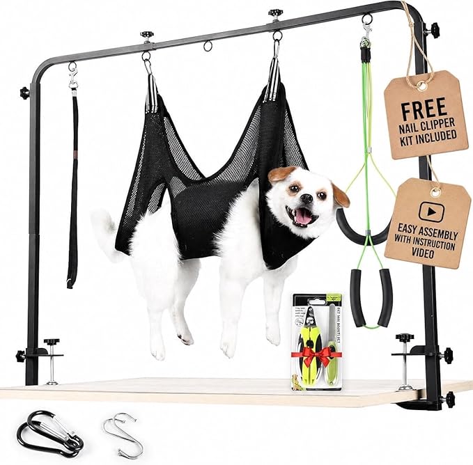 Premium Dog Grooming Arm with Clamp & Dog Grooming Hammock - Heavy Duty Grooming Table for Dogs at Home - Nail Clippers for Dogs - Complete Pet Grooming Kit & Dog Harness for Nail Trimming