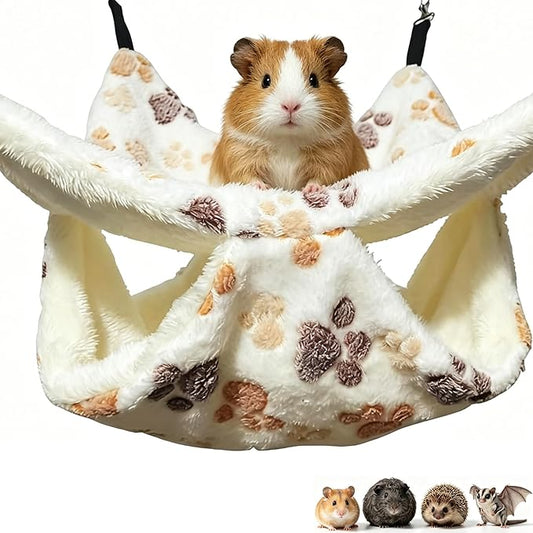 Guinea Pig Ferret Hammock for Cage - Machine Washable Double-Decker Hanging Bed - Fits Sugar Glider,Fancy Rat,Hamster,Gerbil - 13.3" x 13.3" - White-Footprints Pattern