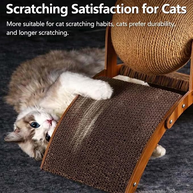 Cat Scratching Ball on Stand, Solid Wood Slanted Cat Scratching Board Design, 2-in-1 Interactive Cat Scratcher Toy with Arch Bridge and 360° Rotating Natural Sisal Ball for Indoor Cat Kittens (M)