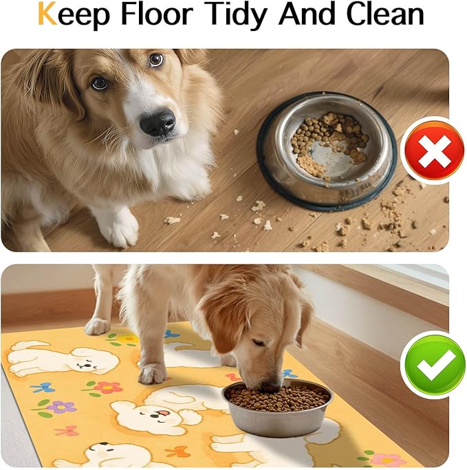 HOMETITUTE Bichon Frise Pet Food Mat Cute Spill-Proof Dog Water Bowl Mat Funning Mats for Cat Food and Water Bowls Cute Easy Clean Dog Bowl Mats Pet Placemat 20" x 12" Fast Dry Pets Feeding Pad