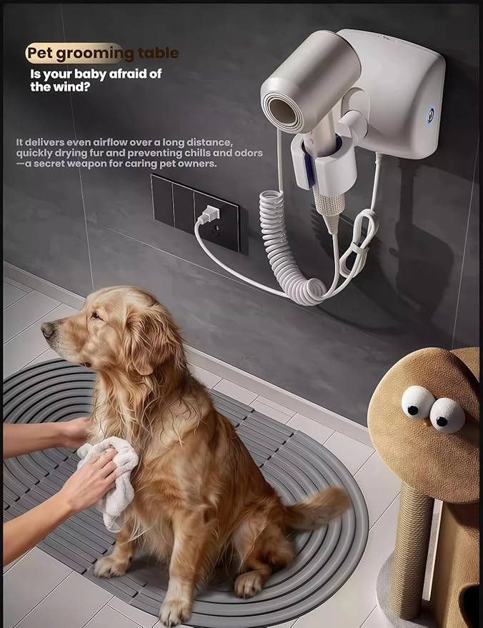 Automatic Rotating Hair Dryer Stand, Hands Free Blow Dryer Holder with 360° Auto Oscillation & Left-Right Swivel, Wall Mounted No Drilling, One-Button Start, for Styling, Pet Grooming & Phone Time