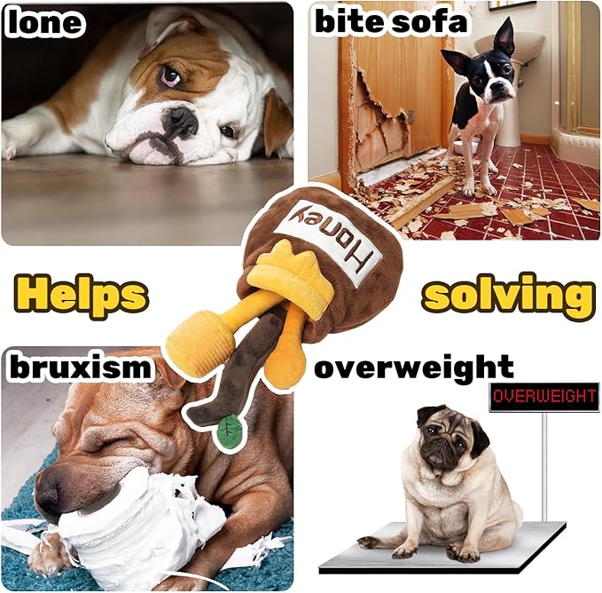 Hide and Seek Plush Stuffed Dog Toys, Squeaky Chew Toys with Crinkle Papper, Funny Toy Bundle Pack Perfect for Small, Medium and Large Dogs Reduce Boredom, Teeth Cleaning (Honey Jar)