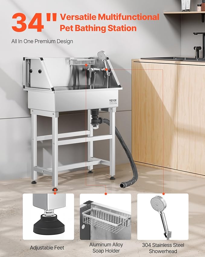VEVOR Professional Dog Washing Station, 34 Inch Stainless Steel Pet Grooming Tub with Hot & Cold Faucet, Showerhead, Storage Rack, No-Bend All-in-One Bathtub, Home Wash Sink, Fits Small Cats and Dogs