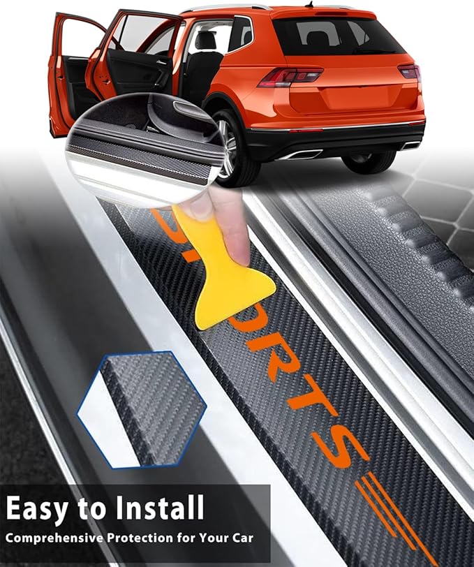 4Pcs Car Door Sill Protector Carbon Fiber Anti-Scratch & Waterproof Sports Front & Rear Door Sills Scratch Protection Universal Car Threshold Accessories for Cars SUV Truck Off-Road (Orange)