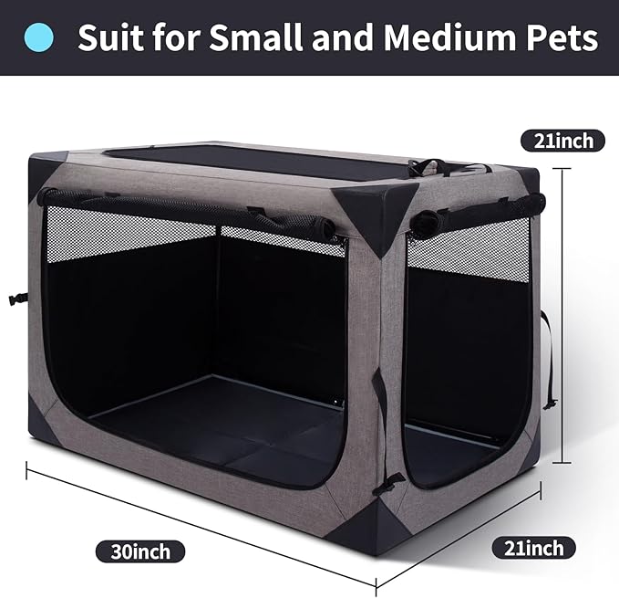 Zikopomi 30 Inch Portable Travel Dog Crate, 3 Door Collapsible Soft Pet Kennel with Durable Mesh Windows for Small and Medium Dogs, Foldable Dog Cage with Storage Pocket for Outdoor (Light Grey)