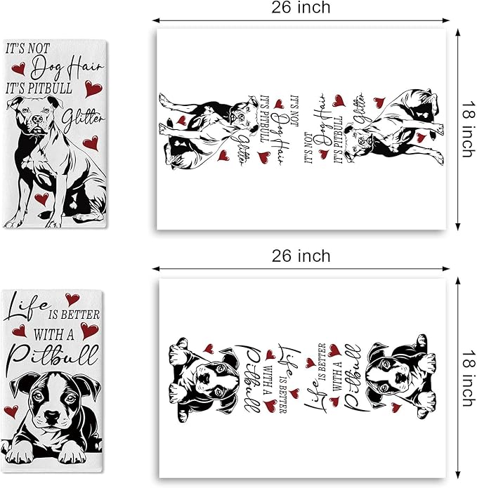 Funny Pitbull Dog Kitchen Dish Towels Set of 2, Life is Better with a Pitbull Drying Hand Towel Baking Cooking Cloth, Red Hearts Bathroom Home Decoration Gifts for Pet Dog Owner Lover 18''x26''