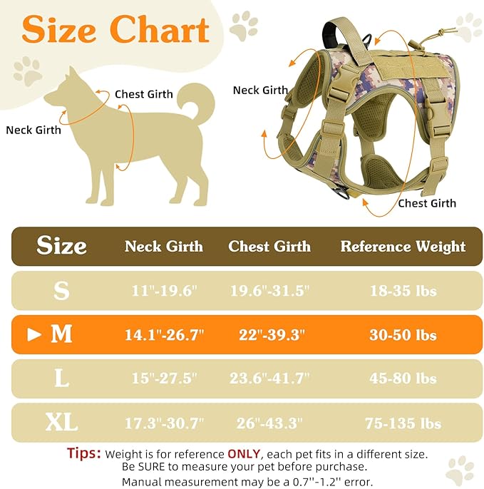 VavoPaw Heavy Duty Tactical Dog Harness for Large Dogs, No Pull Adjustable Pet Harness Reflective Service Training Easy Control Pet Vest Military K9 Working Dog Harnesses, Desert Camouflage, M