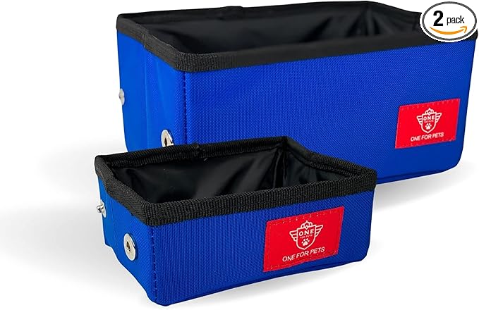 One for Pets Portable 2-in-1 Double Pet Kennel/Shelter, Fabric, Black/Royal Blue 20"x20"x39" - Car Seat-Belt Fixture Included (Collapsible Bowls)
