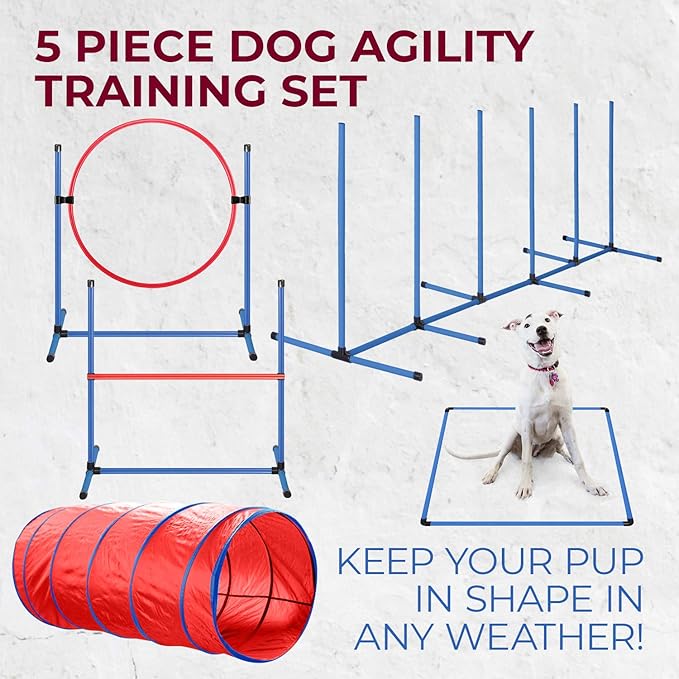 CHEEERING PET Premium Agility Set, 5-Piece Dog Training Kit - Tunnel, Jump, Hoop, Weave Poles, Easy-Carry Case for Indoor/Outdoor Use