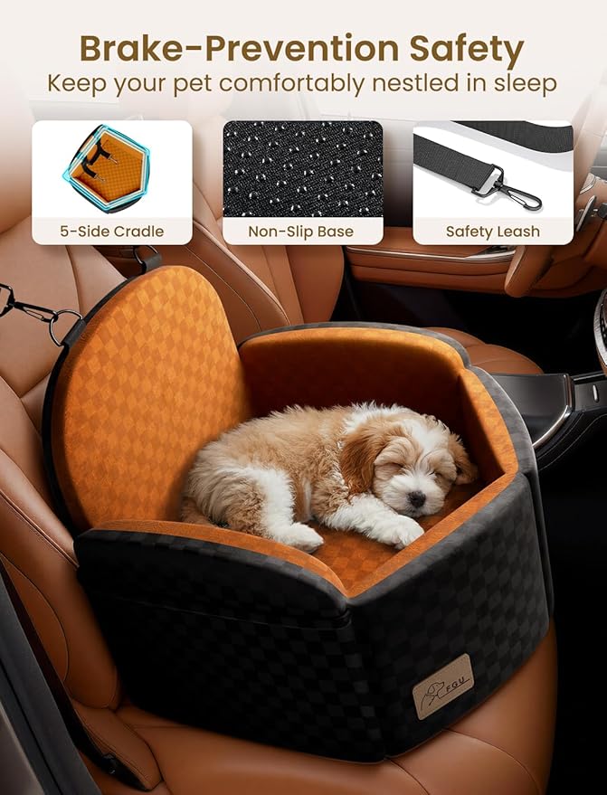 Dog Car Seat for Small/Medium Dogs, Elevated Dog Booster Seat with Memory Foam Cushion for Dogs Under 35lbs, Detachable Washable Pet Car Seats with Storage Pockets & 2 Safety Belts (Brown)