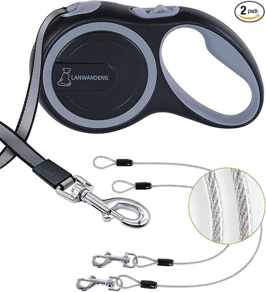 26FT Chew Proof Retractable Dog Leash with 2 Heavy Duty Anti-Chewing Wire Ropes, 360° Tangle-Free Dog Lead with Anti-Slip Handle for Medium/Large Dogs up to 110 lbs Gray