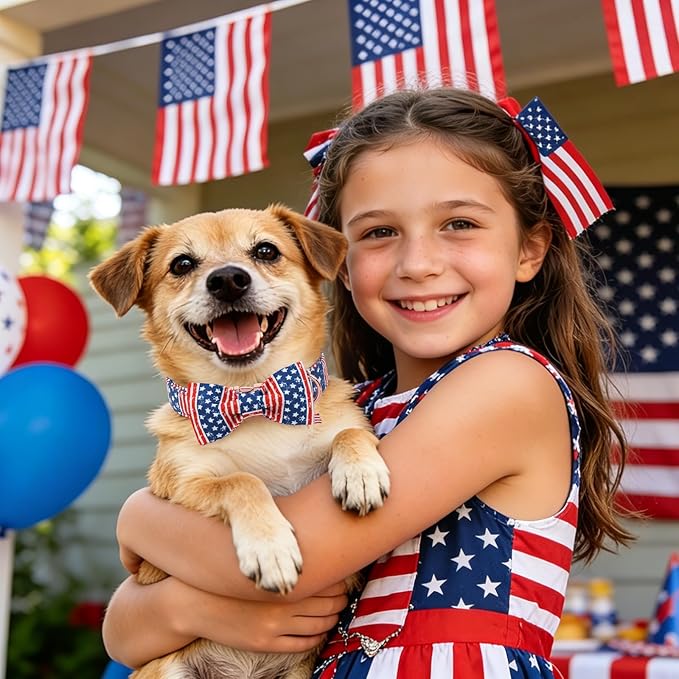 4th of July American Flag Dog Collar, DOGWONG Red Blue Bow Dog Collars with Metal Adjustable Buckle, Comfortable Independence Day Dogs Collars for Medium Dogs