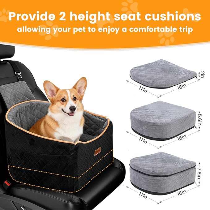 Dog Booster Car Seat for Small & Medium Dogs Up to 35lbs, Dog Car Seat with 2 Height Cushion, Portable Travel Bed for Front & Back Seats with Remove Cover, Storage Pocket - Black