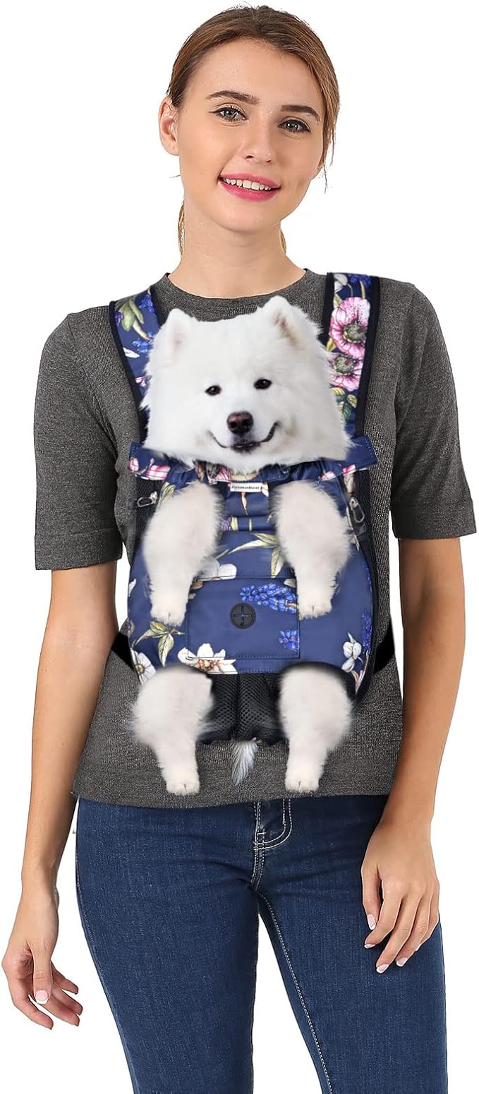 Petmolico Pet Dog Carrier Backpack,Adjustable Dog Legs-Out Front Backpack,Hands-Free Cat Pup Front Carrier Travel Bag,Easy-fit for Traveling Hiking for Dogs,(XL,Blue Daffodil)