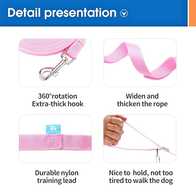 BAAPET 15/20/30/50/100 ft Long Dog Training Leash with Clickers for Small, Medium and Large Dogs or Cats (15 Feet, Pink)