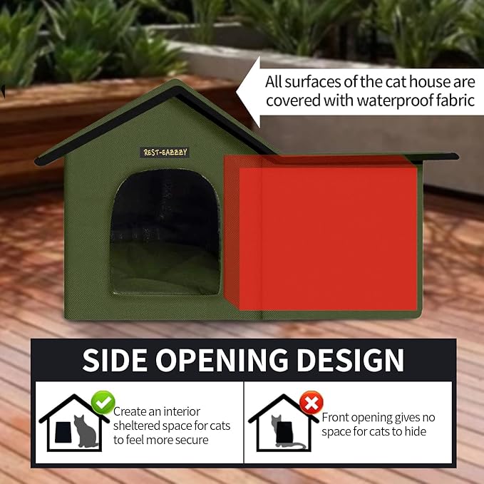 Rest-Eazzzy Cat House for Outdoor Cats, Weatherproof and Insulated Feral Cat House with Mat and Clip, Easy to Put Together, Selfwarming Cat Shelter for Summer(Green, Waterproof House-S)