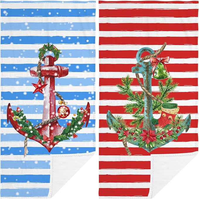 2 PCS Christmas Anchor Hand Towels Soft Microfiber Blue Red Stripes Holly Berry Flower Snow Kitchen Towel for Bathroom Yoga Gym Winter Merry Bright Decorative Towels 13.8"X29.1"