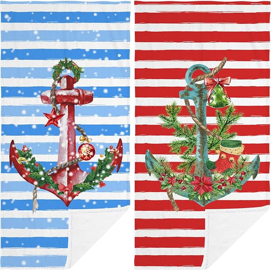 2 PCS Christmas Anchor Hand Towels Soft Microfiber Blue Red Stripes Holly Berry Flower Snow Kitchen Towel for Bathroom Yoga Gym Winter Merry Bright Decorative Towels 13.8"X29.1"