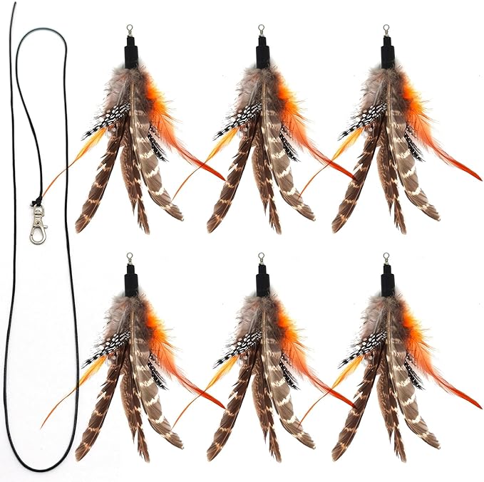 7 PCS Cat Wand Toy Refills - 6 Pack Natural Feather Attachments & 1 Replacement Elastic String with Lobster Clasp, Interactive Teaser Toy Refills for Indoor Cats and Kittens(6 Feather Refills)