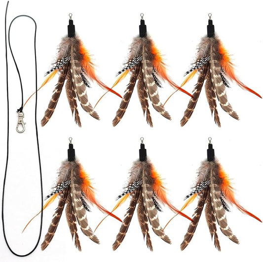 7 PCS Cat Wand Toy Refills - 6 Pack Natural Feather Attachments & 1 Replacement Elastic String with Lobster Clasp, Interactive Teaser Toy Refills for Indoor Cats and Kittens(6 Feather Refills)
