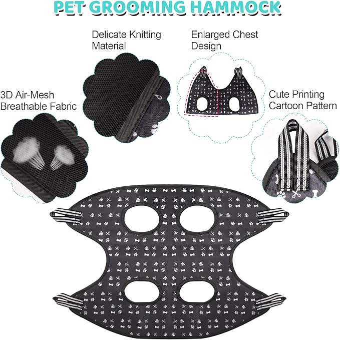 Pet Grooming Hammock Harness with Nail Clippers/Trimmer, Nail File, Comb, Cute Printed Breathable Cats & Dogs Hammock Sling for Grooming (XL, Black)
