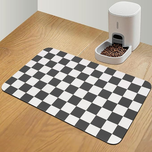 CooRug Checkered Dog Food Mat, Absorbent Leak-Proof Pet Feeding Mat, Quick Dry Cat Food Mat for Messy Drinkers 16" x 24" Black