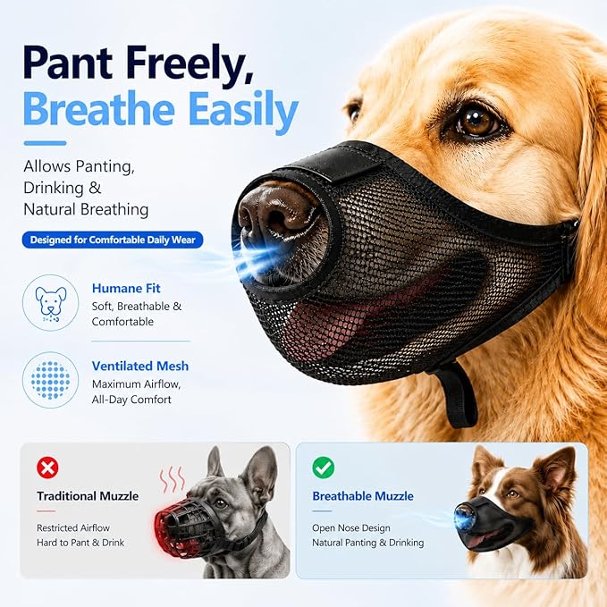 Dog Muzzle, Soft Air Mesh Muzzles for Small Sized Dogs, Breathable Dog Mussels for Scavenging Biting Licking & Barking, Adjustable Mouth Guard with Front Opening, Allows Panting and Drinking (Black,S)