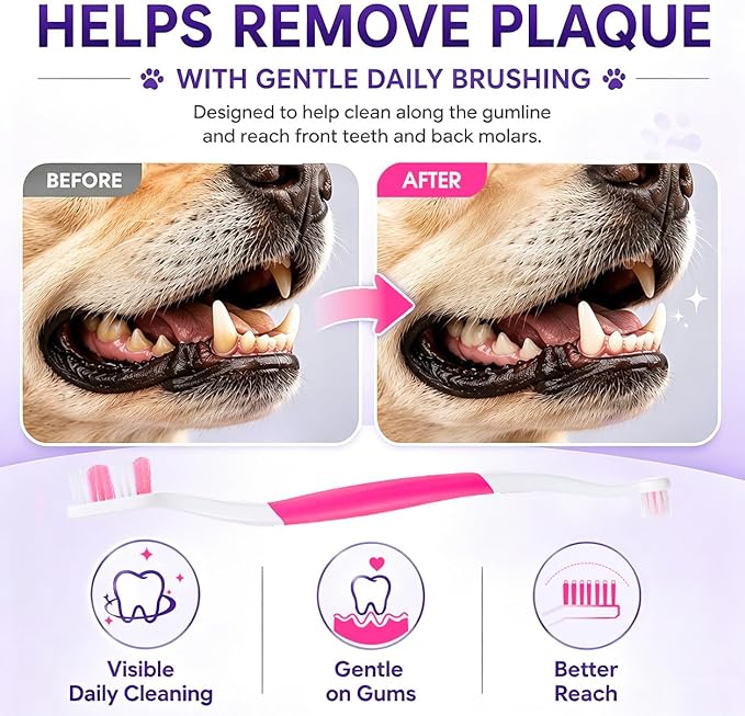 Dog Toothbrush – Newly Upgraded Dual-Head Design with 60° Wavy Bristles – Gently Surrounds Teeth for Deep Cleaning and Plaque Removal – Non-Slip Handle, Ideal for Daily Pet Dental Care (Pink, 2-Pack)