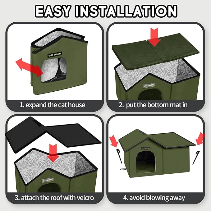 Rest-Eazzzy Cat House for Outdoor Cats, Weatherproof and Insulated Feral Cat House with Mat and Clip, Easy to Put Together, Selfwarming Cat Shelter for Summer(Green, Waterproof House-S)