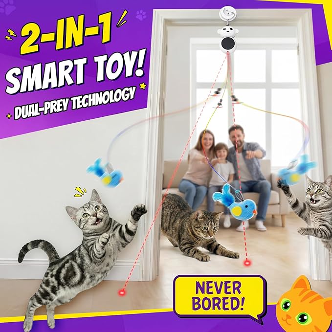 Interactive Cat Toys for Indoor Cats: 2 in 1 Cat Toy with Automatic Flying Bird & Mouse Wand, Smart Motion Mode Adjustable Speed, USB Rechargeable Safe for Bored Kittens and Adult Cats