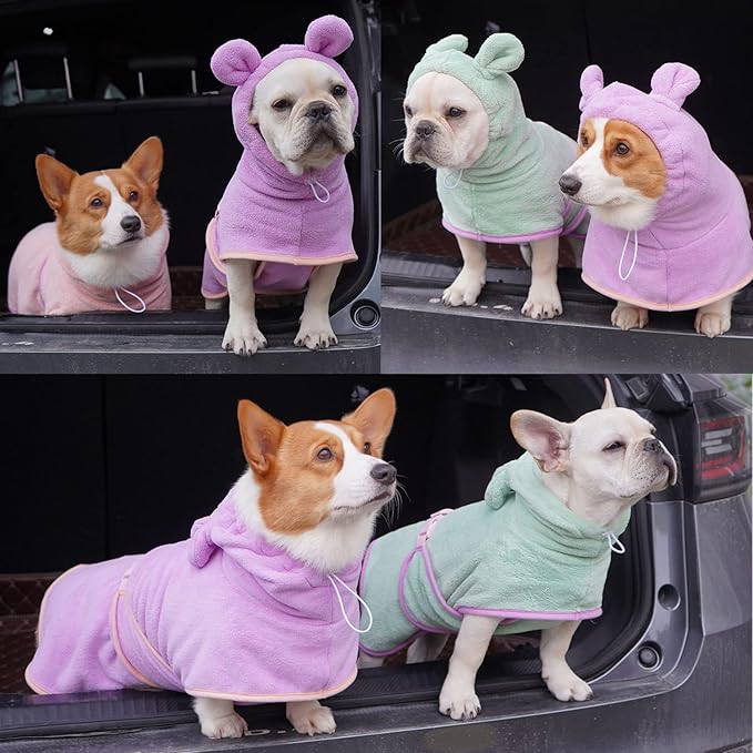 Dog Bathrobe, Microfiber Fast Drying Absorbent Hooded Bath Towel for Puppy Small Medium Large Dog Cat(Green,XS)
