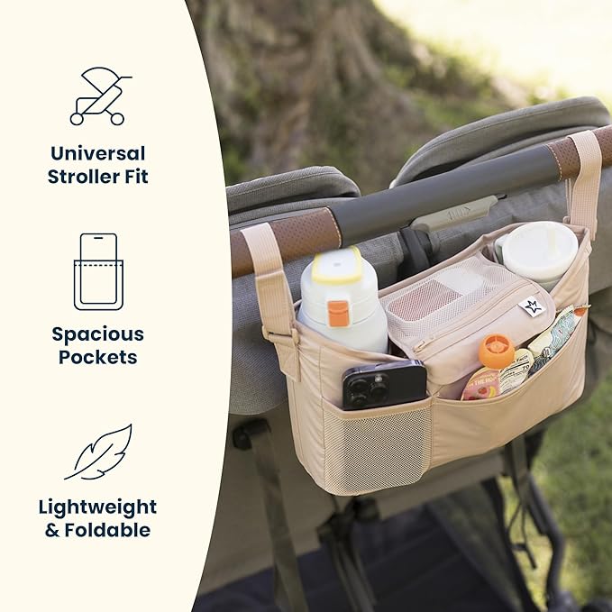Tiny Twinkle Universal Stroller Organizer with Adjustable Strap | Waterproof Stroller Caddy Fits Baby Jogger, Nuna, Graco, Donna and Bugaboo Strollers (Beige Checkers）